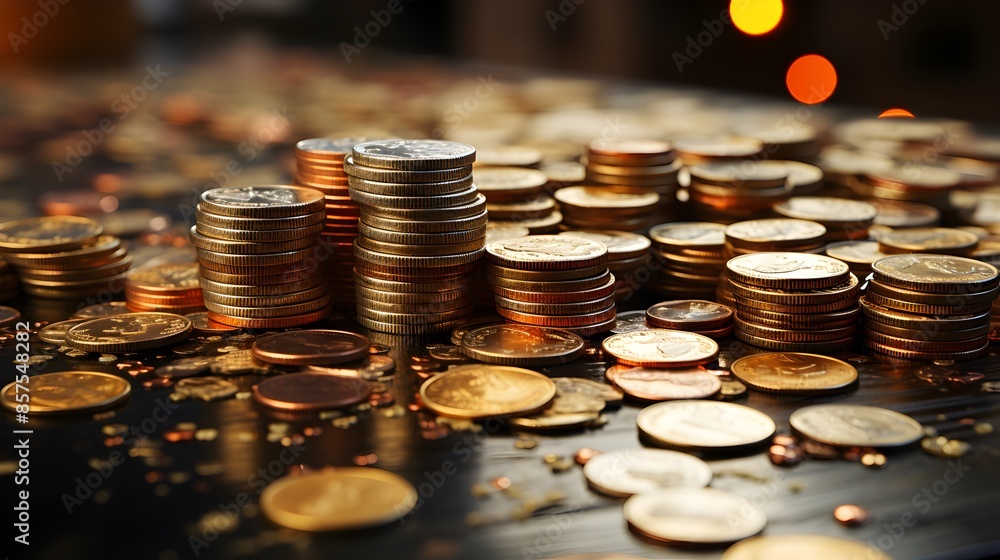 Money coins: close-up with various denominations and currency symbols ...