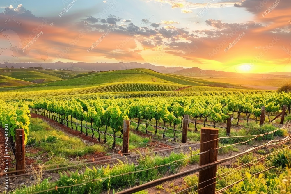 Scenic Vineyard Landscape with Rows of Lush Grapevines Scenic Vineyard Landscape with Rows of Lush Grapevines