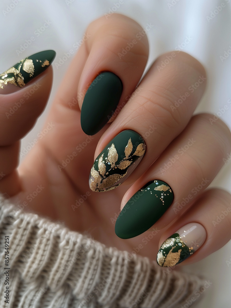 Elegant Green and Gold Matte Manicure with Leaf Motifs Elegant Green and Gold Matte Manicure with Leaf Motifs