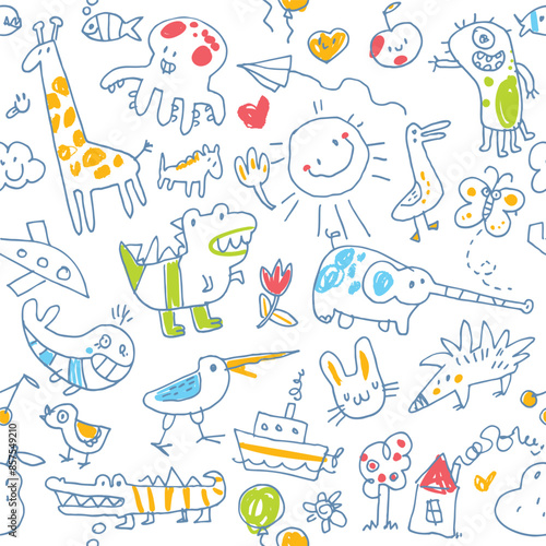 Hand-drawn kids doodle. Set of baby scribbles. Set. Funny character. Vector illustration. Isolated on white background. Seamless pattern