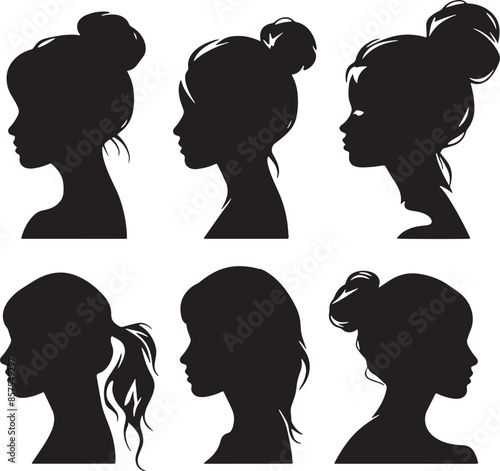 Woman heads in profile Beautiful female faces profiles black silhouette outline vector set