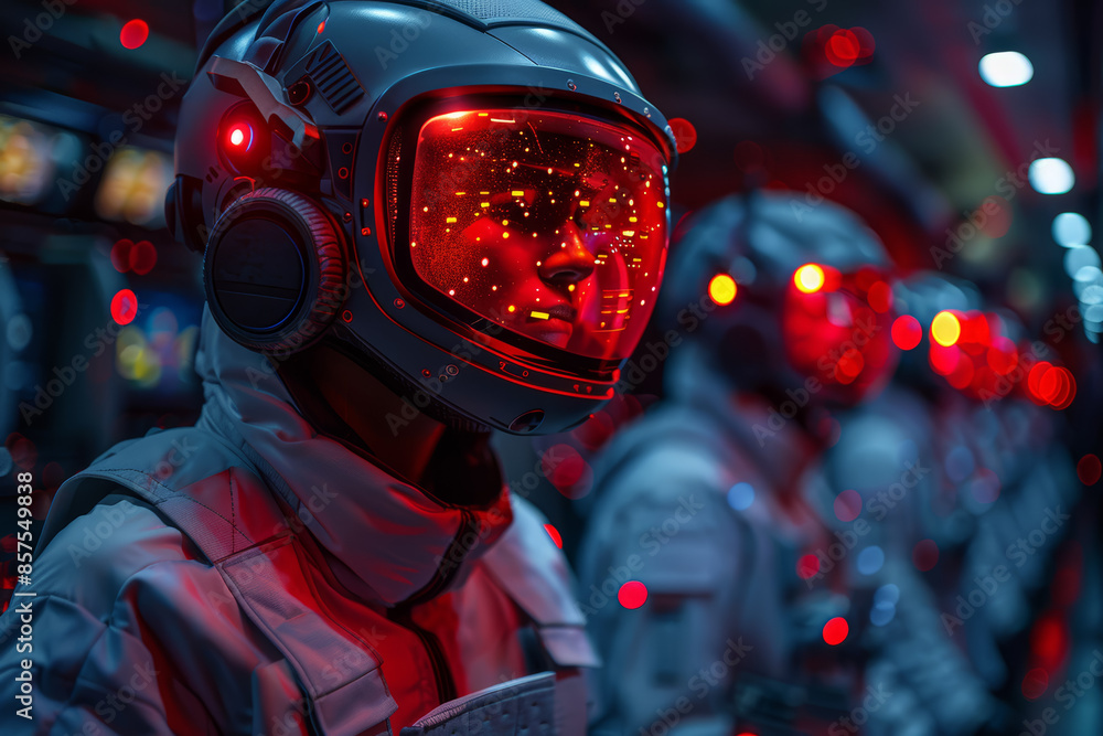 A futuristic VR gaming arena where players engage in immersive battles. Concept of virtual reality and entertainment. Generative Ai. A futuristic VR gaming arena where players engage in immersive battles. Concept of virtual reality and entertainment. Generative Ai.