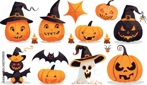 Halloween illustration with pumpkins witches bats and decor elements Sticker set of halloween
