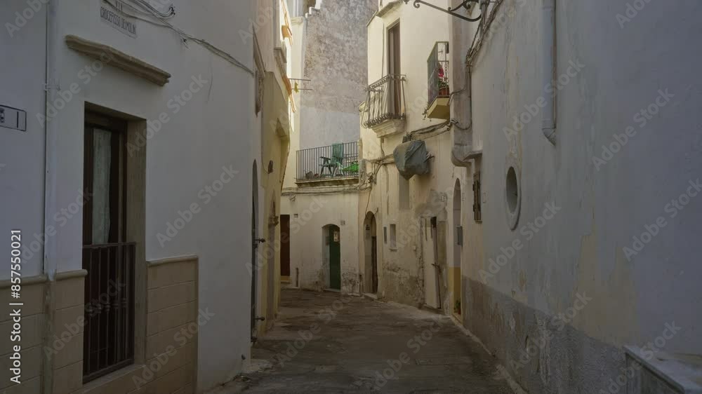 Narrow, cobblestone street in gallipoli, puglia, italy, showcasing charming, old buildings with balconies and laundry on a sunny day. Narrow, cobblestone street in gallipoli, puglia, italy, showcasing charming, old buildings with balconies and laundry on a sunny day.