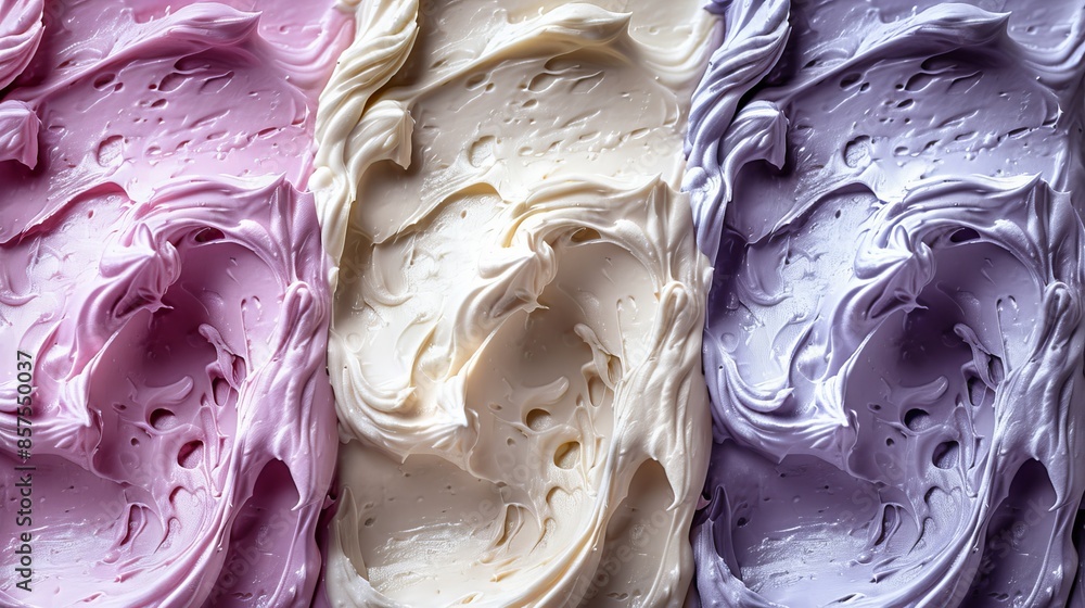 Obraz premium Three segments of pastel whipped textures in lavender, ivory, and cream, each distinguished by delicate swirls, creating an elegant and artistic visual flow.