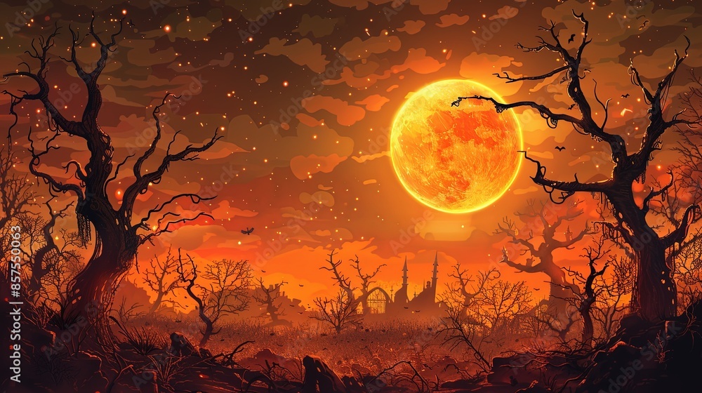 An eerie scene showcasing a massive orange moon illuminating a barren, twisted landscape, portraying an atmosphere of dread with silhouetted trees and dark clouds. An eerie scene showcasing a massive orange moon illuminating a barren, twisted landscape, portraying an atmosphere of dread with silhouetted trees and dark clouds.