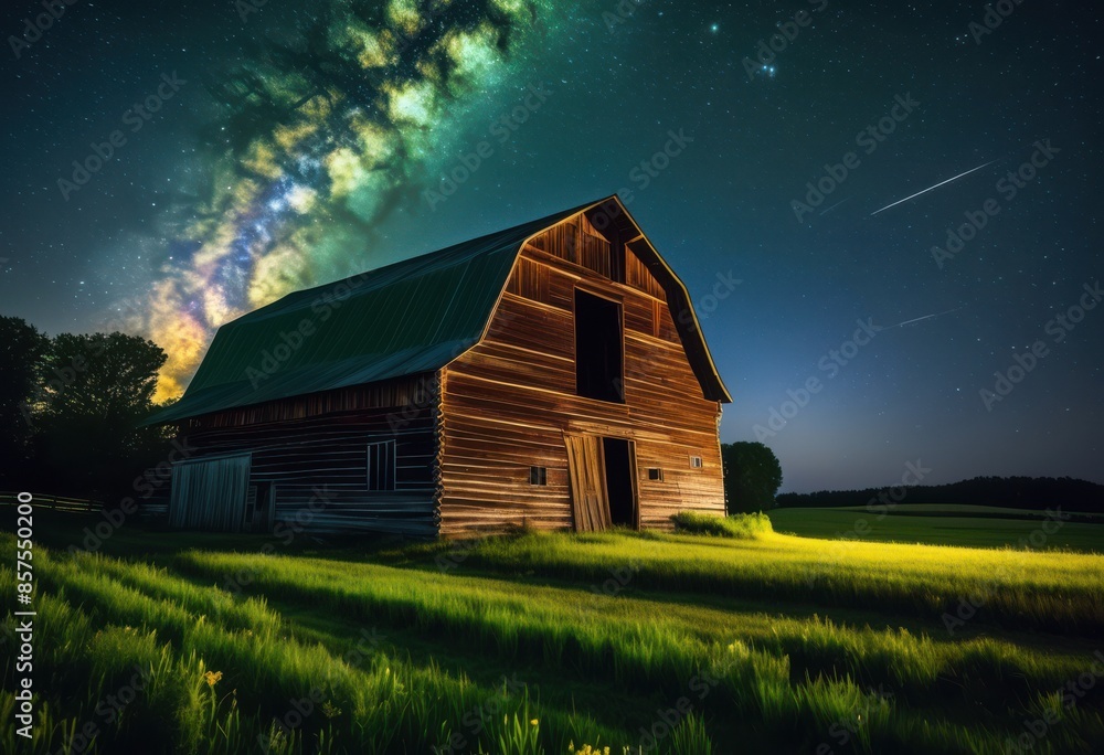 Obraz premium vivid starry night sky above quaint countryside barn, stars, rural, area, farm, building, structure, architecture, colorful, scenic, picturesque, tranquil