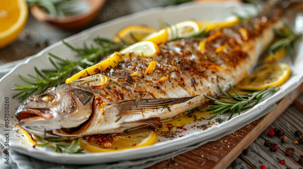 Close-Up of Roasted Whole Branzino with Rosemary and Lemon Slices Close-Up of Roasted Whole Branzino with Rosemary and Lemon Slices