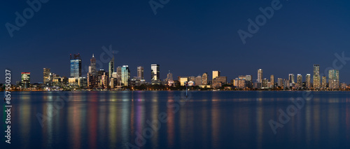 Panoramic view of downtown Perth, Australia, with sunset light reflecting off the skyscrapers - 2021