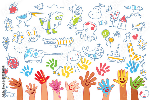 Childrens hands up with colorful paint. Boys and girls drawing pictures scribbles. Set of baby doodles. Colorful cartoon character. Funny vector illustration. Isolated white background