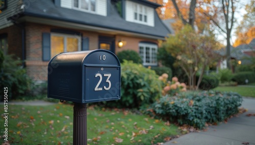 Blue Mailbox with House Number 23 in Front of a House photo