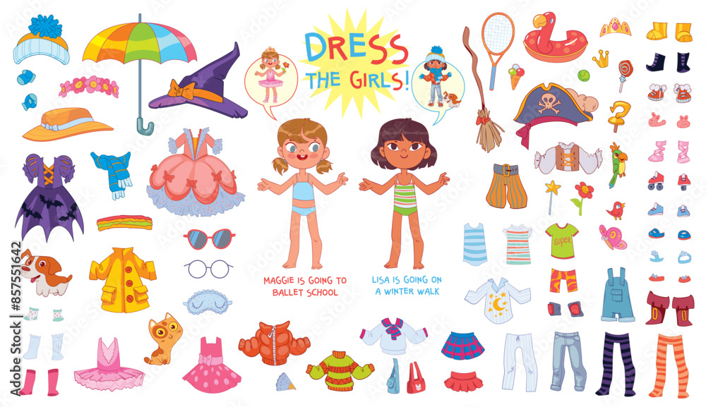 Help the girls get dressed. Child is going for a winter walk or ballet school. Kids game. Set of various clothes for a paper doll. Attention task. Funny cartoon character. Puzzle Hidden Items Help the girls get dressed. Child is going for a winter walk or ballet school. Kids game. Set of various clothes for a paper doll. Attention task. Funny cartoon character. Puzzle Hidden Items