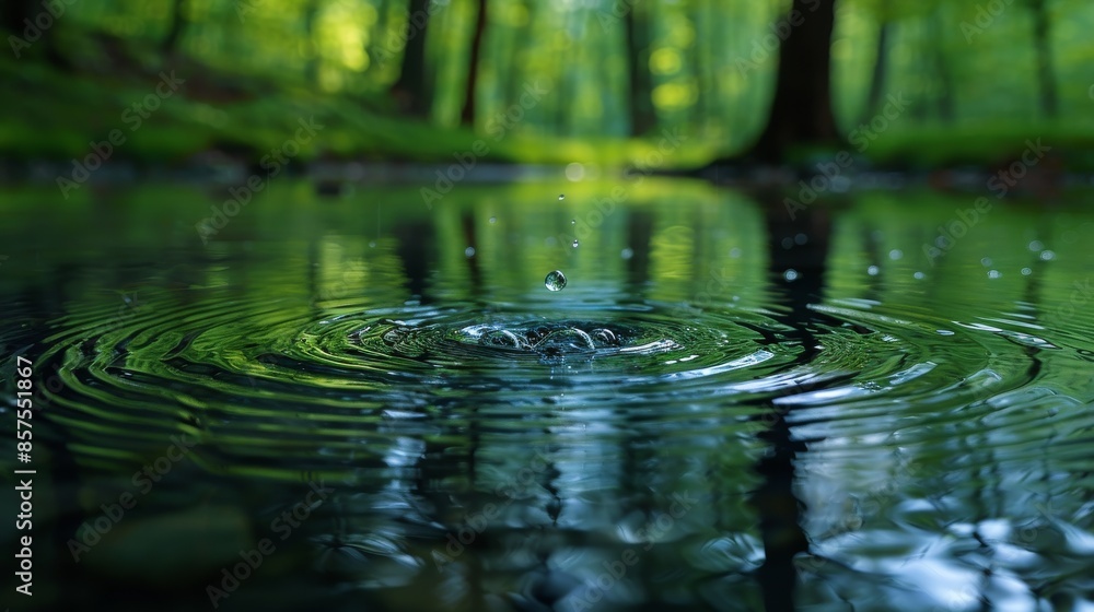 A water droplet falls into a forest pond, generating ripples that spread towards the verdant background, depicting serenity, nature, and the harmonious interplay of water and foliage. A water droplet falls into a forest pond, generating ripples that spread towards the verdant background, depicting serenity, nature, and the harmonious interplay of water and foliage.
