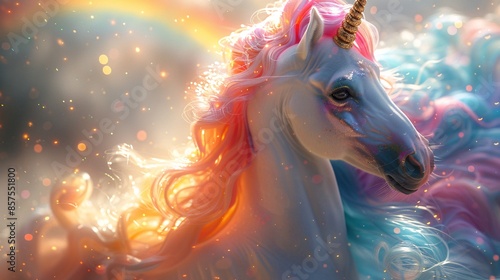 Magical Unicorn with Golden Horn and Rainbow Lights. © Photochanu