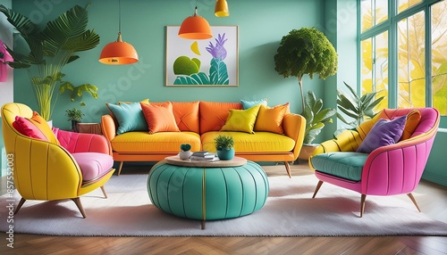 interior design of modern living room with colorful upholstered mid-century furniture; sofa, painting, chair, ottoman, pillows, table photo