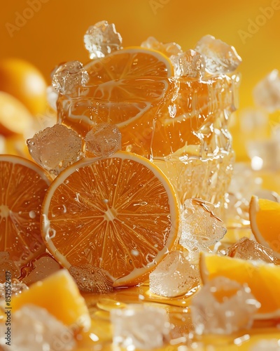 a 3d discount object , made by orange fruits and ice , on a yellow,orange sharp background , high quality photo