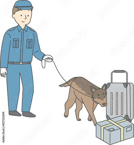 麻薬探知犬と警察官の男性