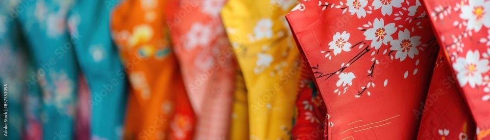 Fototapeta premium Colorful yukatas worn by festivalgoers, Obon Festival, traditional and vibrant