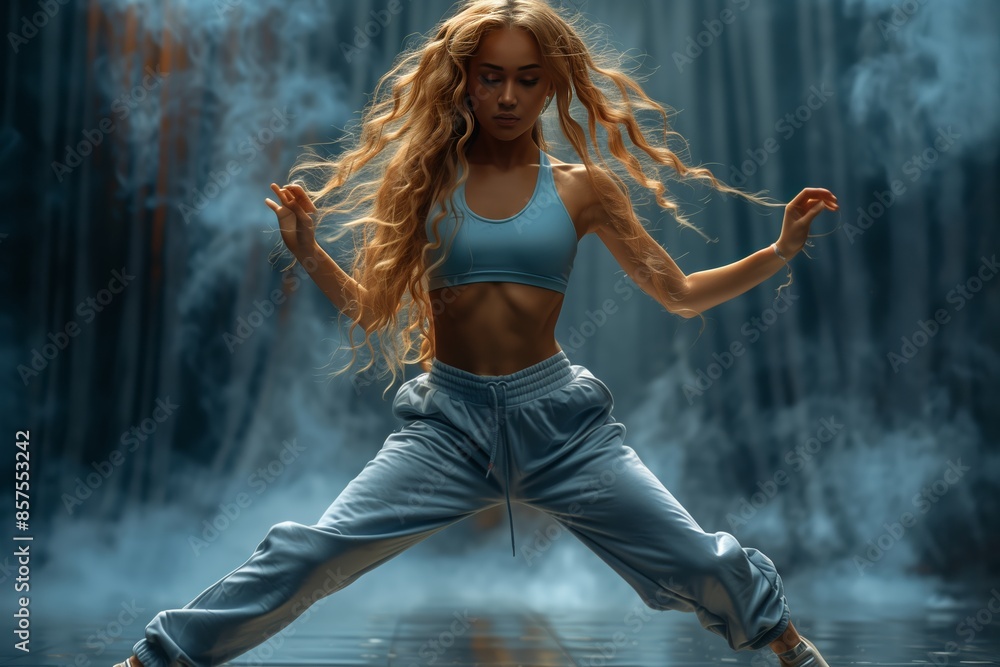 Obraz premium Young Woman in Blue Sportswear Performing a Dynamic Pose With Smoky Background