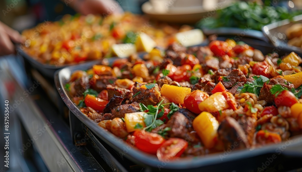 Local cuisine being served during the festival, Running of the Bulls, culinary celebration Local cuisine being served during the festival, Running of the Bulls, culinary celebration