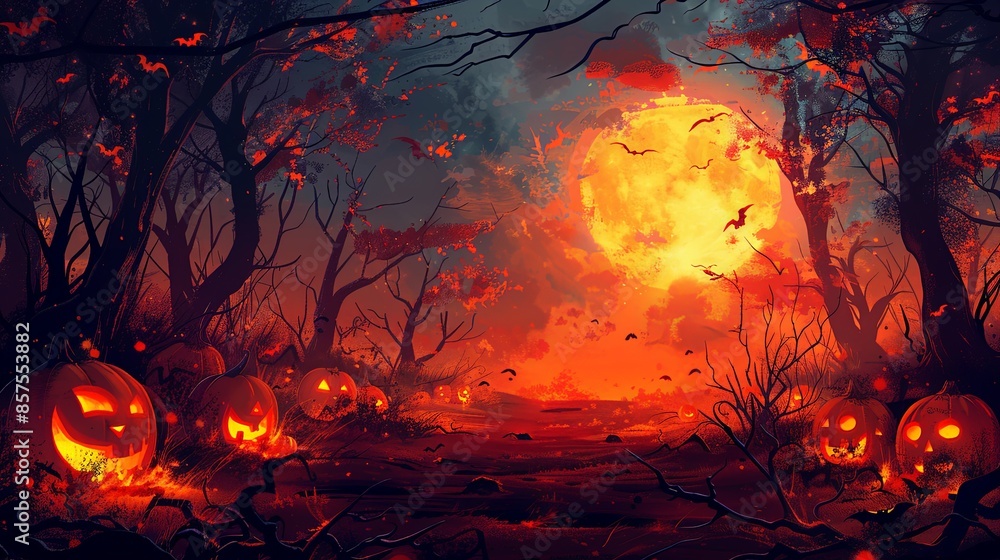 An eerie depiction of a bright full moon illuminating carved pumpkins in a dark forest setting. The vivid colors and spooky shadows add to the haunting atmosphere. An eerie depiction of a bright full moon illuminating carved pumpkins in a dark forest setting. The vivid colors and spooky shadows add to the haunting atmosphere.