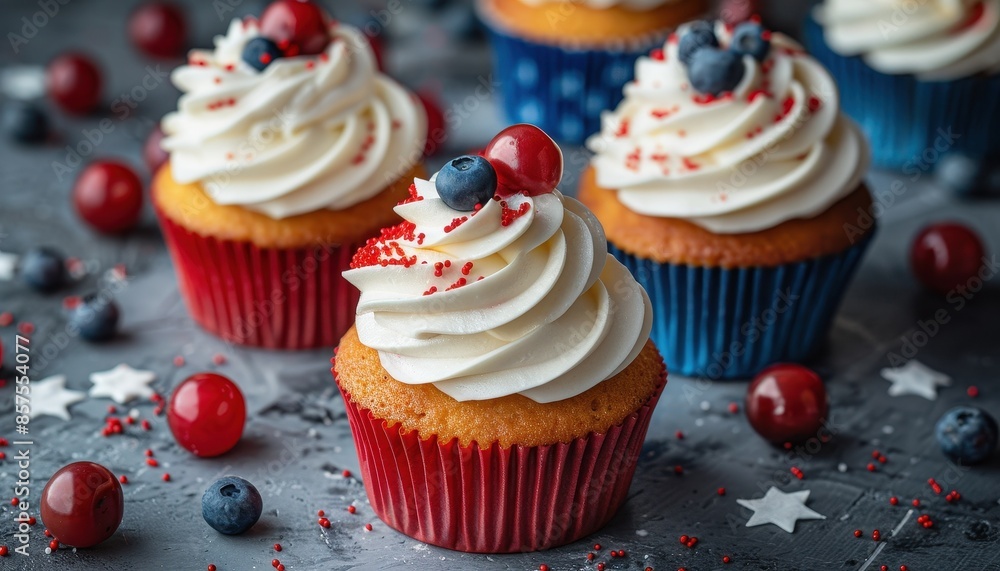 Red, white, and blue cupcakes on a picnic table, Independence Day, sweet treats Red, white, and blue cupcakes on a picnic table, Independence Day, sweet treats