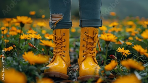 A vibrant image detailing a close-up of a person wearing yellow boots standing in a bright flower field, with a backdrop of yellow blossoms, depicting a cheerful nature scene. photo