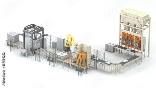 Packaging plant with automatic filling machine for bulk goods in valve bags. Conveyor with robot, pallets and stretch wrapping machine. 3D rendering