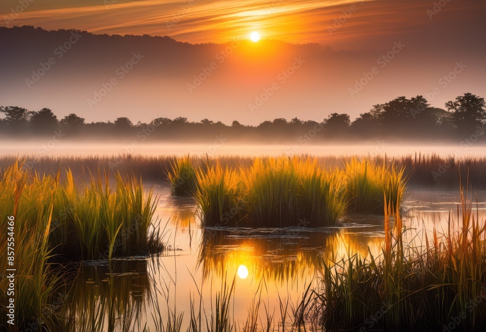 majestic sunrise casting light over misty marshland, foggy, nature, scenery, tranquil, landscape, morning, wetland, environment, peaceful, serene, dawn, beauty majestic sunrise casting light over misty marshland, foggy, nature, scenery, tranquil, landscape, morning, wetland, environment, peaceful, serene, dawn, beauty