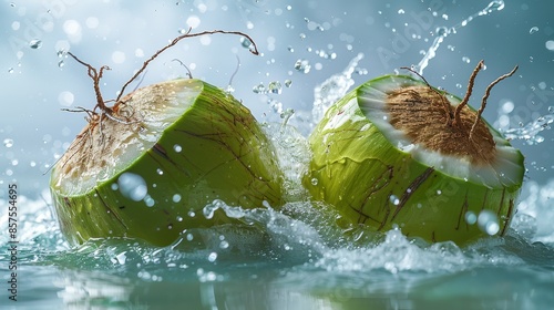 Two green coconuts are shown halved, hitting the water surface and creating a splash, symbolizing natural freshness, tropical delight, and vitality. photo