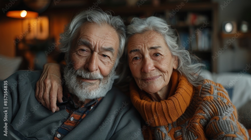 An old couple smiling warmly at the camera while sitting close together, reflecting deep affection and happiness in each other’s company, surrounded by their cozy home environment. An old couple smiling warmly at the camera while sitting close together, reflecting deep affection and happiness in each other’s company, surrounded by their cozy home environment.