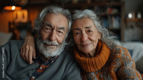 An old couple smiling warmly at the camera while sitting close together, reflecting deep affection and happiness in each other’s company, surrounded by their cozy home environment.