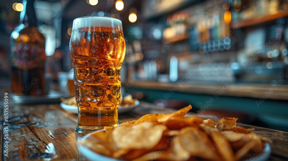 A clear glass of frothy beer stands on a rustic wooden table, accompanied by a plate of crispy potato chips in a warmly lit and cozy bar setting. A clear glass of frothy beer stands on a rustic wooden table, accompanied by a plate of crispy potato chips in a warmly lit and cozy bar setting.