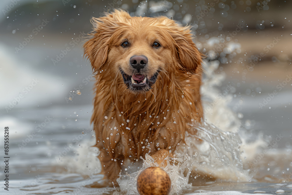 A dog running freely on a beach, splashing in the waves. Concept of pure happiness and freedom. Generative Ai. A dog running freely on a beach, splashing in the waves. Concept of pure happiness and freedom. Generative Ai.