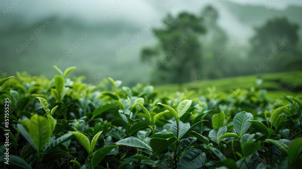 Fresh Green Tea Plants in a Misty Morning Fresh Green Tea Plants in a Misty Morning