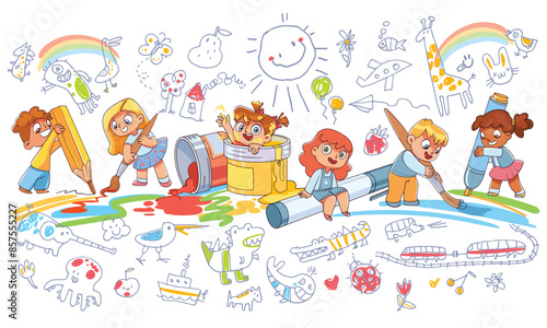 Cute kids paint drawings on the wall. Seamless childrens panorama for your design. Template for advertising brochure. Funny cartoon character. Vector illustration. Isolated on white background