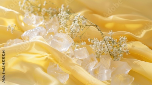 Delicate flowers and ice cubes on smooth yellow silk fabric create a refreshing and elegant aesthetic in this stock photo.
