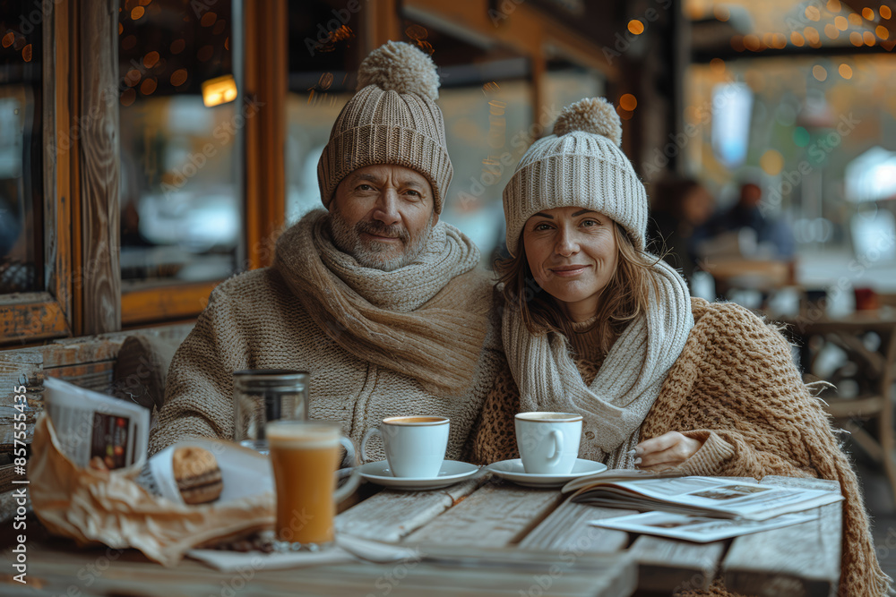A couple enjoying a cozy morning with coffee and newspapers. Concept of simple pleasures and comfort. Generative Ai. A couple enjoying a cozy morning with coffee and newspapers. Concept of simple pleasures and comfort. Generative Ai.