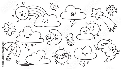 Weather Doodles. Icon set. Concept design. Children drawing style. Black and white cartoon character. Funny vector illustration. Isolated on white background. Coloring book