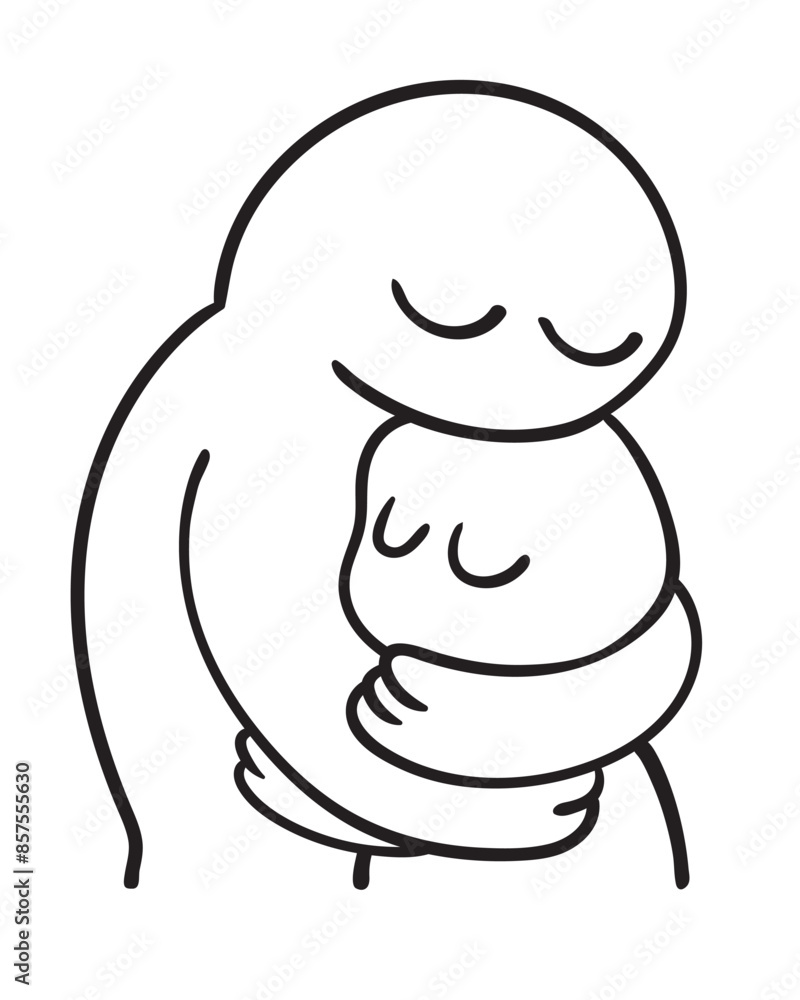 Care logo. Parent hugging her child. Black and white cartoon character. Vector illustration. Isolated on white background Care logo. Parent hugging her child. Black and white cartoon character. Vector illustration. Isolated on white background