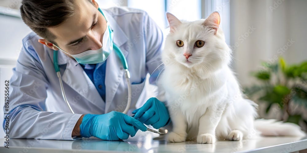 A Veterinarian Examines A White Cat'S Teeth In A Modern Veterinary Clinic. A Veterinarian Examines A White Cat'S Teeth In A Modern Veterinary Clinic.