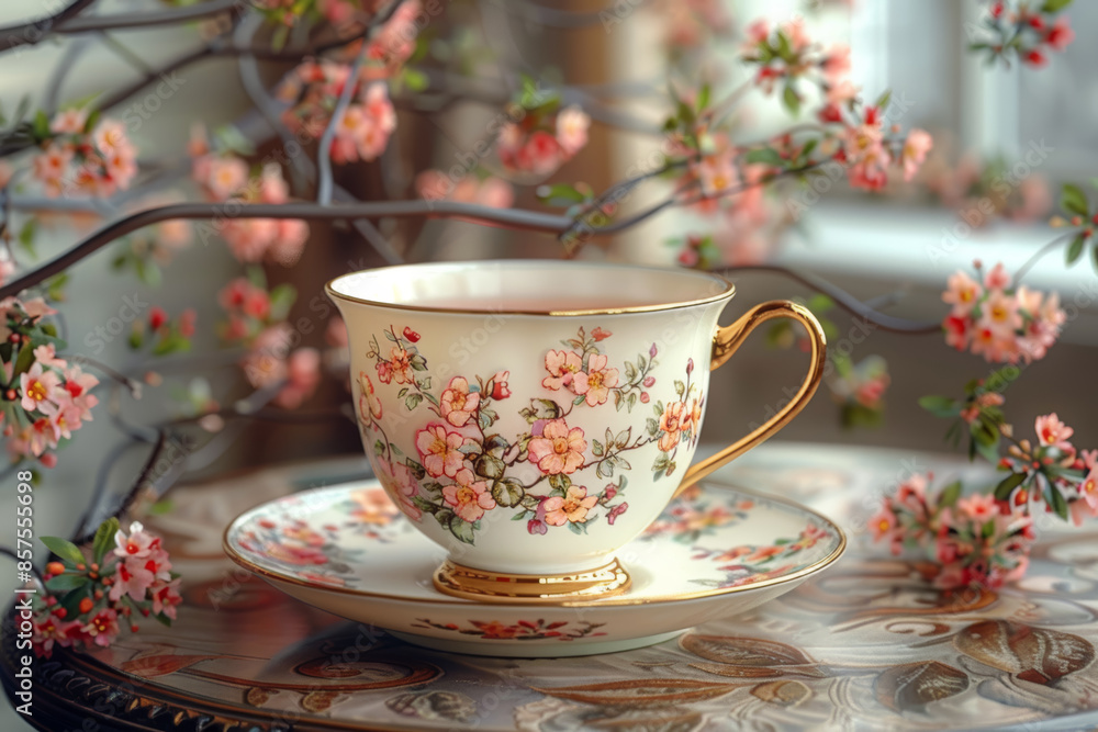 A delicate china teacup with a floral design. Concept of elegance and tradition. Generative Ai. A delicate china teacup with a floral design. Concept of elegance and tradition. Generative Ai.