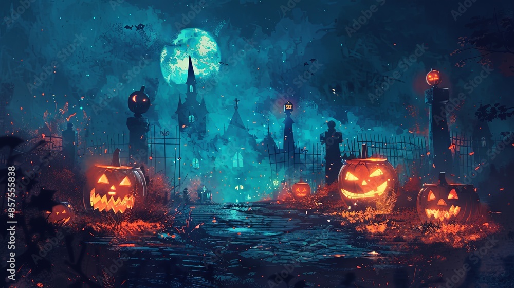 A spooky landscape with a path lit by glowing pumpkins leading to the gates of a haunted mansion, under a moonlit sky with eerie lighting and shadowy surroundings. A spooky landscape with a path lit by glowing pumpkins leading to the gates of a haunted mansion, under a moonlit sky with eerie lighting and shadowy surroundings.