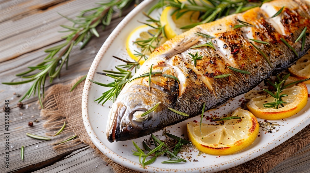 Close-Up of Roasted Whole Branzino with Rosemary and Lemon Slices Close-Up of Roasted Whole Branzino with Rosemary and Lemon Slices