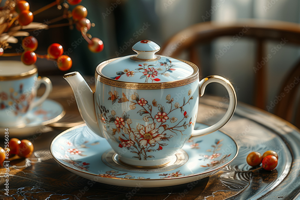 A beautifully decorated porcelain tea set arranged on a table. Concept of elegant dining and cultural traditions. Generative Ai. A beautifully decorated porcelain tea set arranged on a table. Concept of elegant dining and cultural traditions. Generative Ai.