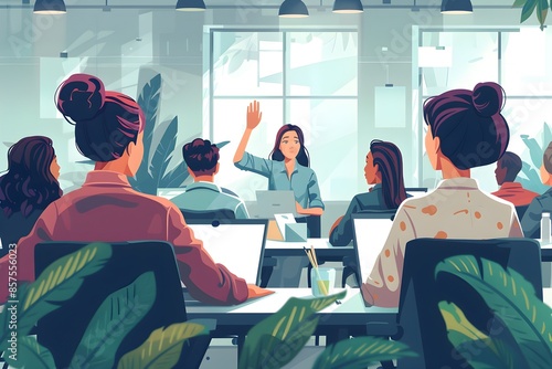 Questioners and office workers raising their hands and asking questions during a meeting in a conference room photo