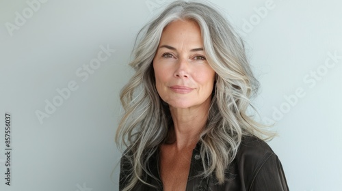 Happy Senior Lady with Gray Hair: Closeup Portrait of Attractive Mature Woman Smiling - Beauty Shot on White Background