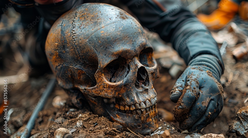 A close-up of a well-preserved ancient skull being carefully excavated from the dirt, reflecting the patience and precision required in archeological digs to uncover historical truths. A close-up of a well-preserved ancient skull being carefully excavated from the dirt, reflecting the patience and precision required in archeological digs to uncover historical truths.