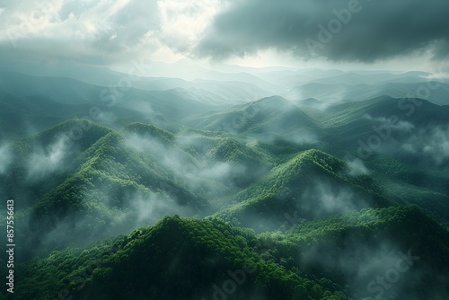 Aerial view of a misty landscape of a wide mountain range densely covered with green trees on a cloudy day