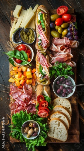 Charcuterie board with assorted meats, cheeses, and vegetables, gourmet food presentation concept